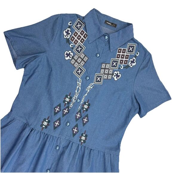 Hekka Blue Chambray Shirt Dress Size Large Printed Pleated Boho Button Down - Picture 3 of 8